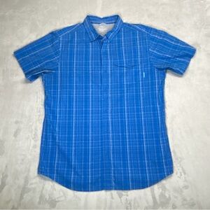 Columbia Shirt Mens Large Blue White Window Pane Vented Short Sleeve Button Up